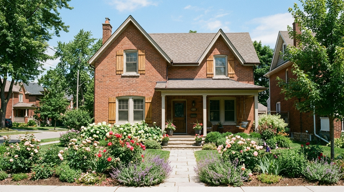 Ein schönes, gepflegtes Einfamilienhaus mit einem blühenden Vorgarten in einer ruhigen Wohngegend. Sonniges Wetter, blauer Himmel, einladende und sichere Umgebung, realistische und detailreiche Architektur.