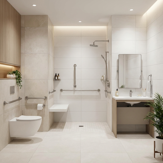 Ein modernes, barrierefreies Badezimmer mit einer geräumigen, bodengleichen Dusche, eleganten Haltegriffen und hellen Fliesen. Sauber, sicher und stilvoll eingerichtet, fotorealistisch.