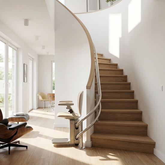 Ein moderner Treppenlift, der an einer geschwungenen Holztreppe in einem hellen, aufgeräumten Flur installiert ist. Praktisch, sicher und unauffällig, realistische Beleuchtung.