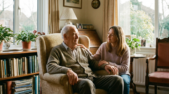 Ein älterer Herr sitzt nachdenklich in einem gemütlichen Sessel in einem hellen Wohnzimmer, während seine Tochter ihm beruhigend die Hand auf die Schulter legt. Friedliche Stimmung, warmes Licht.