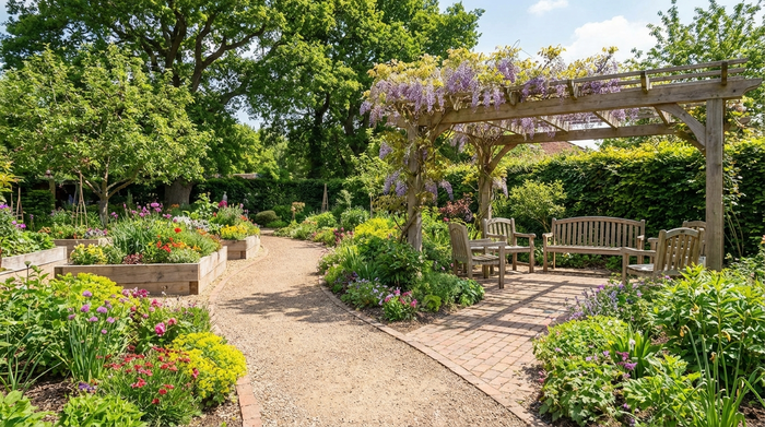 Ein sicherer, liebevoll gestalteter Demenzgarten mit einem barrierefreien Rundweg. Alte Bäume, Hochbeete mit bunten Blumen und eine gemütliche Sitzgruppe im Schatten. Helle, einladende Umgebung ohne sichtbare Zäune.