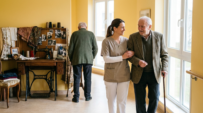 Eine verständnisvolle Pflegekraft geht gemeinsam mit einem älteren Mann über einen hellen, freundlichen Flur. Beide lächeln sich an. Im Hintergrund ist eine alte Nähmaschine als Erinnerungsinsel zu sehen.