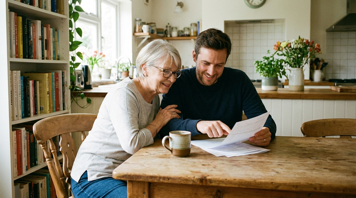 Eine ältere Frau und ihr erwachsener Sohn sitzen gemeinsam an einem Esstisch und besprechen ruhig Dokumente. Eine Tasse Kaffee steht auf dem Tisch, die Atmosphäre ist vertrauensvoll und entspannt.