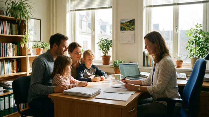Ein freundlicher Sozialarbeiter sitzt mit einer Familie an einem aufgeräumten Schreibtisch in einem hellen Büro und bespricht Dokumente.