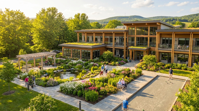Ein gepflegtes, modernes Seniorenheim mit einer einladenden Gartenanlage im Sonnenschein, umgeben von grünen Bäumen und befestigten Spazierwegen.