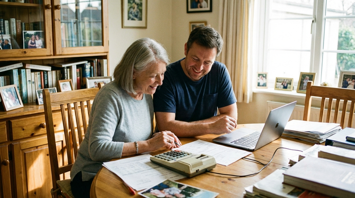 Eine ältere Frau sitzt mit ihrem erwachsenen Sohn am Esstisch und betrachtet konzentriert verschiedene Papiere und einen Taschenrechner.