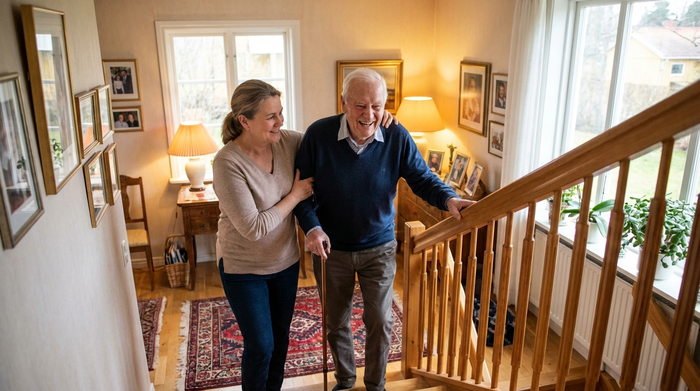 Eine liebevolle Pflegekraft unterstützt einen lächelnden Senior beim sicheren Treppensteigen in einem gemütlichen, gut beleuchteten Einfamilienhaus.