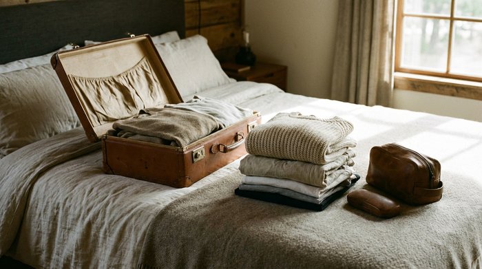 Ein gepackter, offener Koffer auf einem Bett, daneben liegen ordentlich gefaltete, bequeme Kleidung, ein Kulturbeutel und ein Brillenetui.