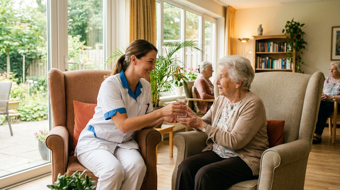 Eine einfühlsame Pflegekraft in weiß-blauer Dienstkleidung reicht einer älteren Frau behutsam ein Glas Wasser. Beide sitzen entspannt in bequemen Sesseln in einem lichtdurchfluteten Aufenthaltsraum mit großen Fenstern.
