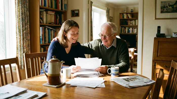 Eine Tochter und ihr älterer Vater sitzen entspannt am heimischen Esstisch und schauen lächelnd auf einige Papiere. Die Stimmung ist erleichtert und harmonisch. Eine Kaffeekanne und zwei Tassen stehen auf dem Tisch.