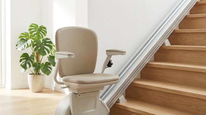 Ein eleganter, moderner Treppenlift fährt an einer hellen Holztreppe in einem gepflegten Einfamilienhaus nach oben. Der Sitz ist leer und in einem neutralen Beigeton gehalten. Im Hintergrund eine helle Wand mit einer stilvollen Zimmerpflanze.