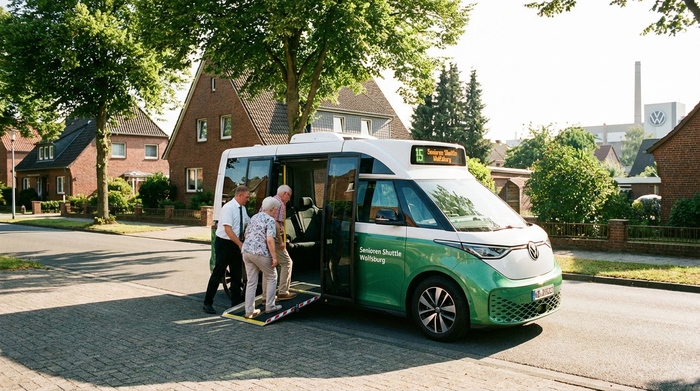 Ein moderner, barrierefreier Kleinbus für Senioren parkt in einer ruhigen Wohnstraße in Wolfsburg. Die Sonne scheint, im Hintergrund sind grüne Bäume zu sehen.