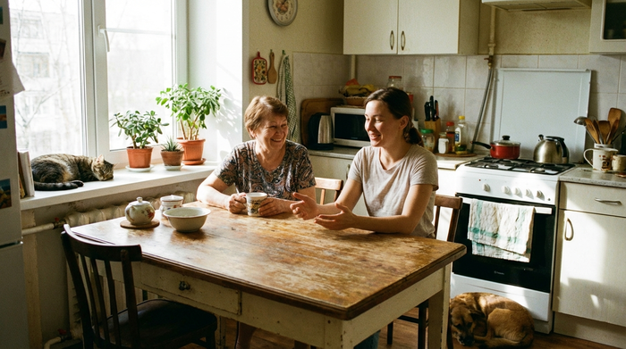 Eine ältere Dame sitzt entspannt am Küchentisch und hält eine Kaffeetasse, während sie sich mit ihrer Tochter unterhält. Friedliche, entlastende Stimmung im eigenen Zuhause.