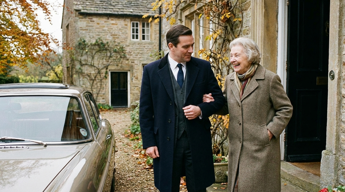 Ein fürsorglicher Fahrer in gepflegter Kleidung begleitet eine lächelnde Seniorin an der Haustür. Er reicht ihr stützend den Arm und strahlt Ruhe aus.