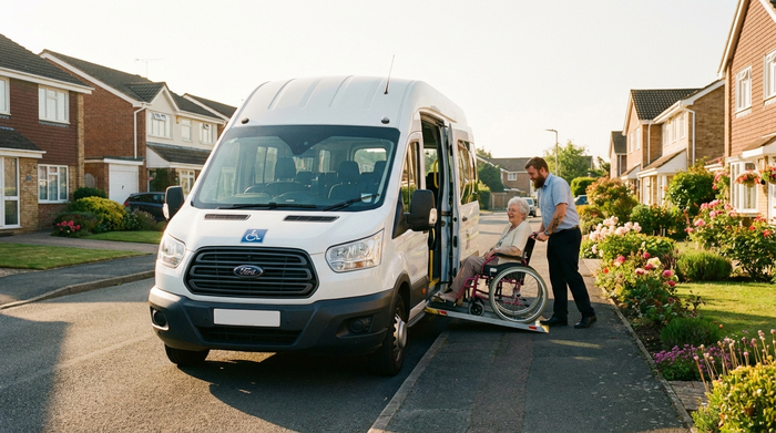 Ein barrierefreier Kleinbus steht in einer gepflegten Wohnstraße im Morgenlicht. Ein freundlicher Fahrer hilft einer lächelnden älteren Dame behutsam beim Einstieg. Realistische, helle Szene ohne Text.
