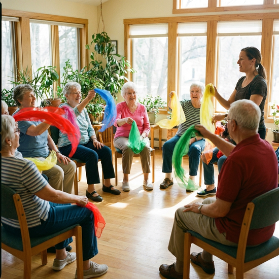 Senioren sitzen in einem Stuhlkreis in einem lichtdurchfluteten Raum und machen leichte Gymnastikübungen mit bunten Tüchern. Fröhliche, aktive Stimmung, realistische Darstellung ohne Text.