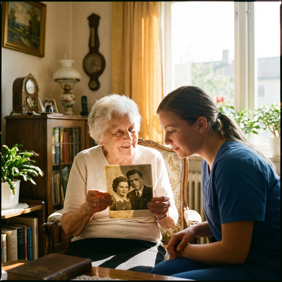 Eine ältere Dame betrachtet lächelnd ein historisches Schwarz-Weiß-Foto in ihren Händen, während eine junge Betreuerin aufmerksam zuhört. Warme, empathische Atmosphäre.