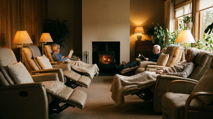 Ein gemütlicher Ruheraum für Senioren mit bequemen, ergonomischen Ruhesesseln. Gedimmtes, warmes Licht und weiche Decken sorgen für eine entspannende Atmosphäre. Realistisch, ruhig, ohne Text.