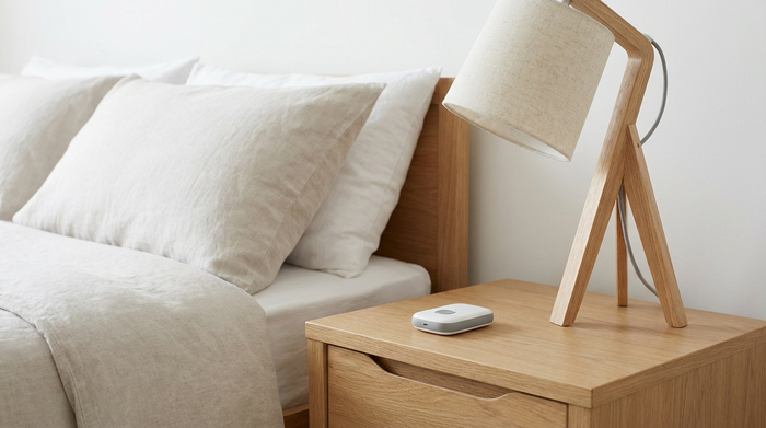 Ein moderner, unauffälliger Hausnotruf-Sender liegt auf einem hölzernen Nachttisch neben einer Leselampe. Helle, saubere und sichere Wohnumgebung. Realistisch ohne Text.