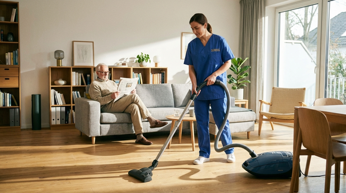 Eine professionelle Pflegekraft in blauer Dienstkleidung saugt den hellen Holzboden in einem modernen, sonnendurchfluteten Wohnzimmer, während im Hintergrund ein älterer Herr entspannt auf dem Sofa liest.