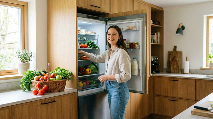 Eine junge, hilfsbereite Frau räumt in einer sauberen, gut beleuchteten Küche frisches Gemüse und Obst in einen Kühlschrank ein. Realistische, alltägliche Szene.