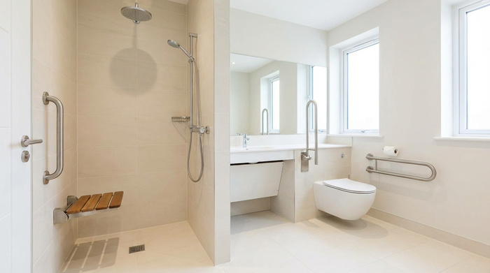 Ein modernes, hell gefliestes, barrierefreies Badezimmer mit einer bodengleichen Dusche und einem eleganten Haltegriff. Sauber, sicher und altersgerecht eingerichtet.