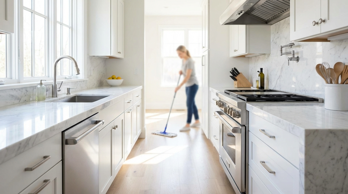 Eine blitzsaubere, aufgeräumte Küche mit glänzenden Arbeitsflächen. Im Hintergrund sieht man unscharf eine Person, die den Boden wischt. Helles Tageslicht, hygienische Umgebung.