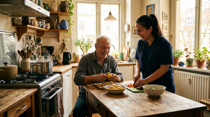 Ein älterer Herr und eine jüngere Betreuerin bereiten gemeinsam in einer gemütlichen Küche das Mittagessen vor. Der Herr schält Kartoffeln, beide lachen entspannt.