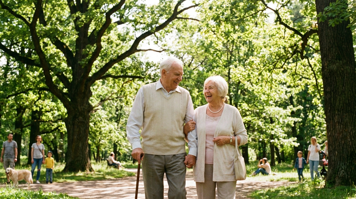 Ein älteres Ehepaar spaziert an einem sonnigen Tag sicher mit einer Begleitperson durch einen grünen Park mit alten Bäumen. Friedliche, sichere und fröhliche Stimmung.