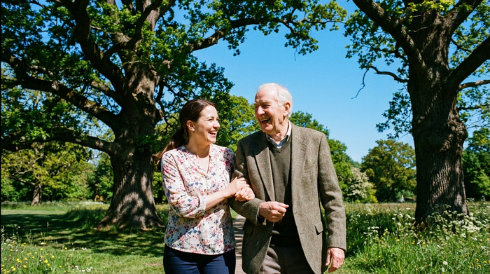 Eine liebevolle Betreuerin und ein älterer Herr spazieren gemeinsam lachend durch einen sonnigen, grünen Park mit alten Bäumen. Klare, realistische Szene, entspannte Stimmung, strahlend blauer Himmel.