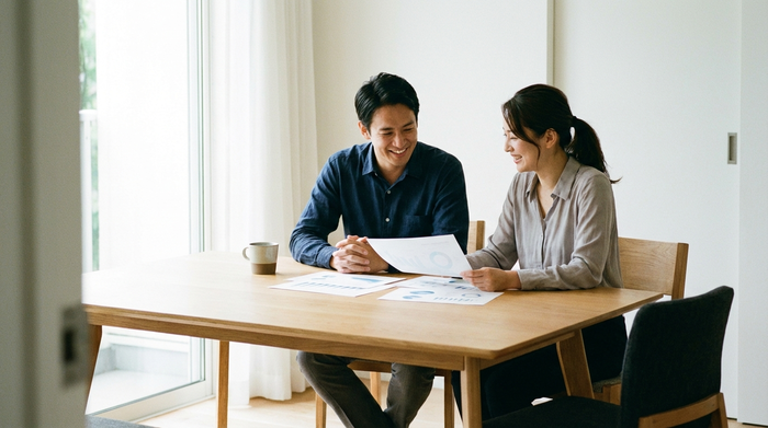 Zwei Personen sitzen an einem aufgeräumten Esstisch und besprechen entspannt Dokumente. Eine Tasse Kaffee steht auf dem Tisch, helles Tageslicht, professionelle und seriöse Atmosphäre, keine lesbaren Texte im Bild.