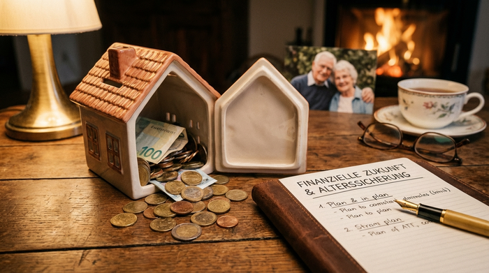 Eine geöffnete Spardose in Form eines kleinen Hauses auf einem Holztisch, daneben ein edles Notizbuch und ein Füllfederhalter. Warme Beleuchtung, symbolisiert finanzielle Planung und Sicherheit im Alter.