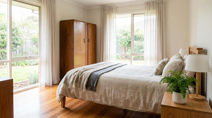 Ein helles, freundlich eingerichtetes Gästezimmer mit einem gemütlichen Bett, einem Holzschrank und einer kleinen, grünen Pflanze auf dem Nachttisch. Einladende, saubere und aufgeräumte Umgebung.