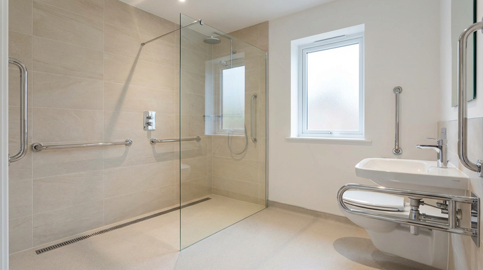 Ein modernes, barrierefreies Badezimmer mit einer großzügigen, ebenerdigen Dusche, hellen Fliesen und eleganten, verchromten Haltegriffen an den Wänden. Sauber, sicher und altersgerecht gestaltet.