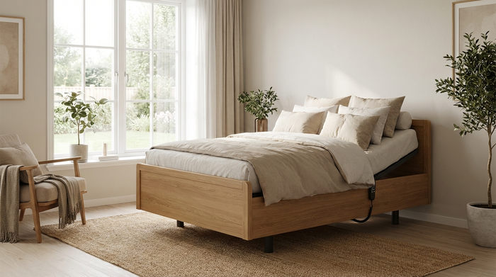 Ein modernes, wohnliches Schlafzimmer mit einem elektrisch verstellbaren Pflegebett in warmer Holzoptik. Das Bett ist ordentlich gemacht mit hellen, weichen Kissen. Ein großes Fenster lässt Tageslicht herein, sanfte Farben, fotorealistisch, ohne Text.