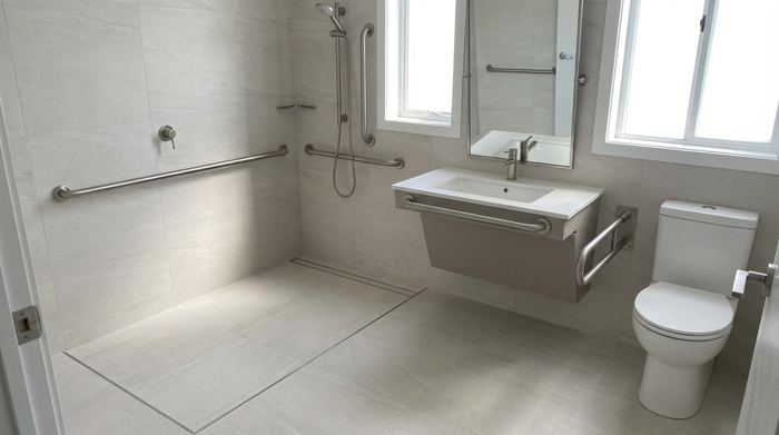 Ein modernes, barrierefreies Badezimmer mit einer bodengleichen, begehbaren Dusche. An den hell gefliesten Wänden sind elegante, silberne Haltegriffe angebracht. Sauberes, sicheres Design, fotorealistisch, ohne Text.