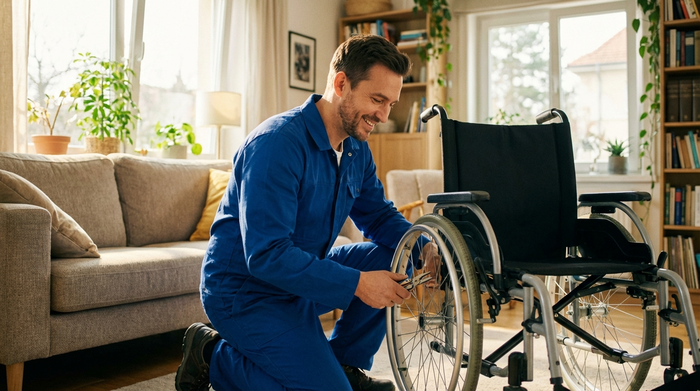 Ein freundlicher Techniker in sauberer Arbeitskleidung kniet in einem hellen Wohnzimmer neben einem Rollstuhl und prüft mit einem Werkzeug konzentriert ein Rad. Im Hintergrund steht ein gemütliches Sofa. Positive Stimmung, realistisch, ohne Text.