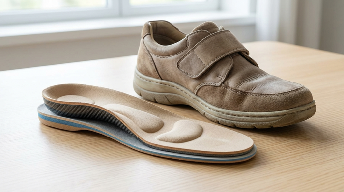 Nahaufnahme von modernen, maßgefertigten orthopädischen Einlagen, die neben einem bequemen Senioren-Halbschuh auf einem hellen Holztisch liegen. Sanftes Tageslicht, saubere und medizinische Ästhetik, fotorealistisch, ohne Text.