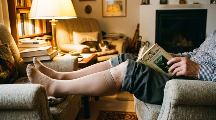 Ein älterer Herr sitzt entspannt auf einem Sessel und liest ein Buch. Er trägt unauffällige, hautfarbene medizinische Kompressionsstrümpfe unter seiner hochgekrempelten Hose. Gemütliches Wohnzimmer, warmes Licht, Fokus auf die Beine, fotorealistisch.