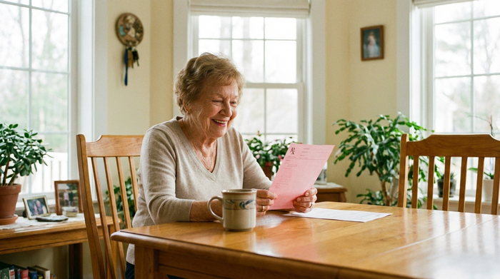 Eine ältere Dame sitzt lächelnd an einem Esstisch und hält ein rosafarbenes ärztliches Rezept in der Hand. Vor ihr liegt eine Kaffeetasse. Helle, freundliche Atmosphäre, fotorealistisch, ohne lesbaren Text.