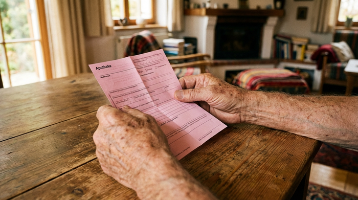 Nahaufnahme der Hände eines älteren Mannes, der ein rosafarbenes Rezeptformular auf einem Holztisch hält. Warme Beleuchtung, gemütliche Wohnzimmeratmosphäre, realistisch und detailreich fotografiert.