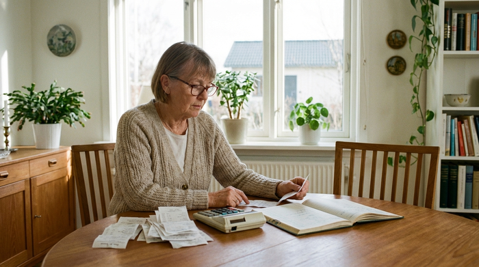 Eine ältere Dame sitzt am Esstisch und sortiert mit einem Taschenrechner und einigen Belegen ihre Finanzen. Helles Tageslicht, aufgeräumtes Zimmer, fokussierter Gesichtsausdruck.