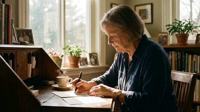 Eine ältere Frau schreibt konzentriert einen Brief an ihrem Schreibtisch. Eine Kaffeetasse steht daneben. Entschlossene, aber ruhige Atmosphäre, weiches, einfallendes Sonnenlicht.
