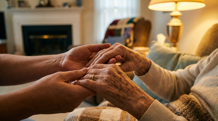 Nahaufnahme von Händen einer Pflegekraft, die sanft die Hände eines älteren Menschen halten. Im Hintergrund eine unscharfe, gemütliche Wohnzimmerumgebung mit warmem, beruhigendem Licht.