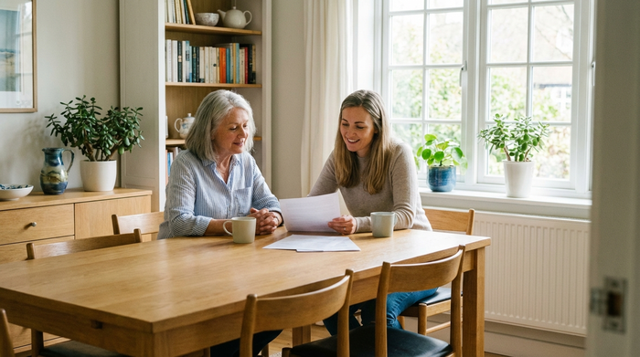 Eine ältere Frau sitzt mit ihrer erwachsenen Tochter an einem hellen Esstisch aus Eichenholz, beide schauen entspannt auf einige Dokumente. Natürliches Tageslicht, aufgeräumte Umgebung.