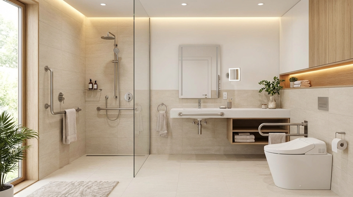 Ein modernes, barrierefreies Badezimmer mit einer bodengleichen Dusche, rutschfesten hellen Fliesen und eleganten Edelstahl-Haltegriffen. Sauber, gut beleuchtet und einladend.