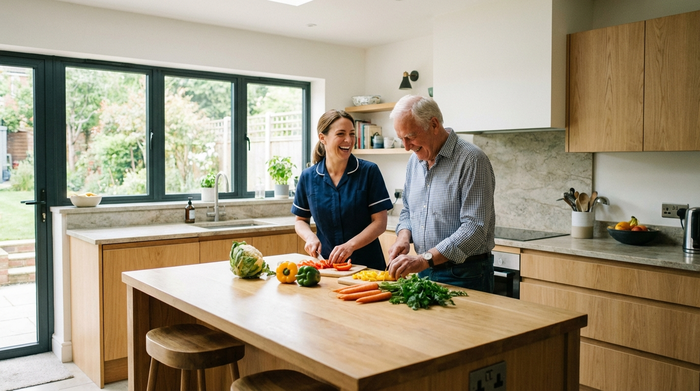 Eine Betreuungskraft und ein älterer Herr bereiten gemeinsam in einer modernen, hellen Küche frisches Gemüse vor. Beide lachen, die Stimmung ist entspannt und vertrauensvoll.