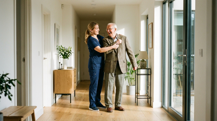 Eine freundliche Pflegekraft hilft einem älteren Herrn behutsam beim Anziehen einer Jacke im hellen Flur eines modernen Hauses. Respektvoller Umgang, saubere Umgebung, warmes Licht, fotorealistisch.