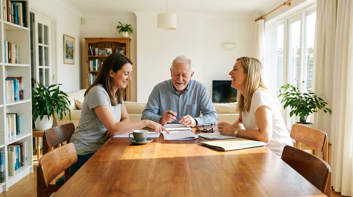 Zwei erwachsene Töchter und ihr älterer Vater sitzen gemeinsam an einem großen Esstisch und besprechen entspannt Dokumente. Eine Tasse Kaffee steht auf dem Tisch, die Stimmung ist positiv und lösungsorientiert, helles Wohnzimmer, fotorealistisch.