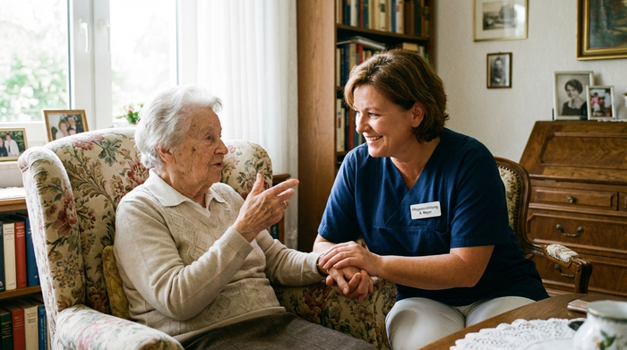 Eine erfahrene Pflegedienstleitung im Gespräch mit einer Seniorin in deren gemütlichem Wohnzimmer. Die Pflegedienstleitung hört aufmerksam zu. Vertrauensvolle und professionelle Situation, weiches Tageslicht, fotorealistisch.